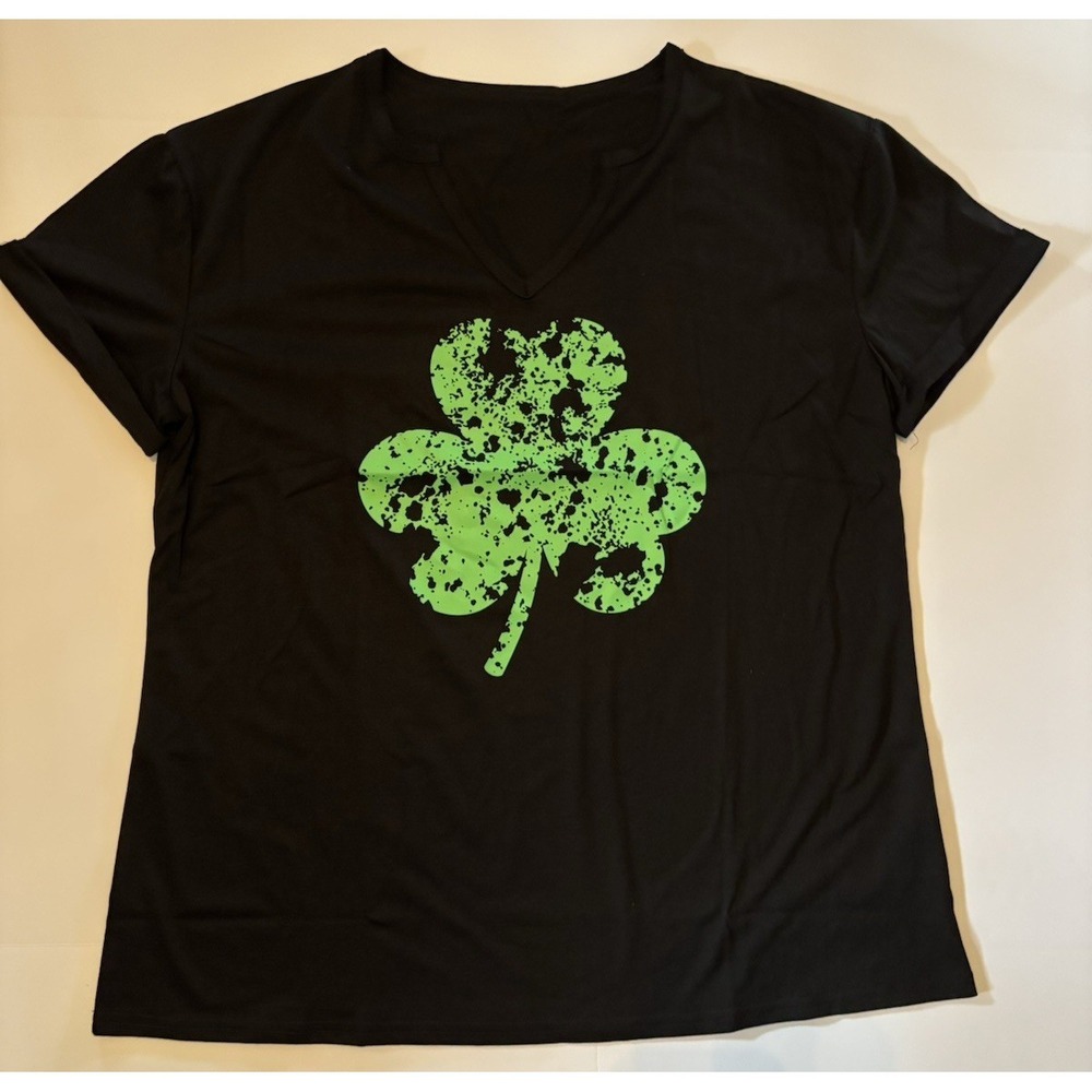 NEW Black V Neck Tee Shirt Green Shamrock size plus XXL